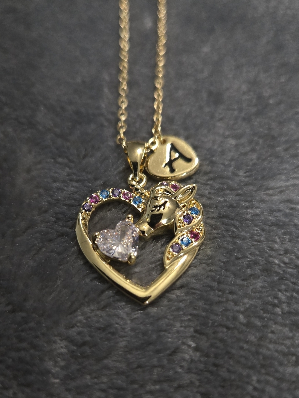 Beautiful Gold Tone Heart Shapped Unicorn Necklack With Heart Shapped Letter A